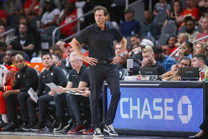 Atlanta Hawks head coach Quin Snyder on the sideline during a game.